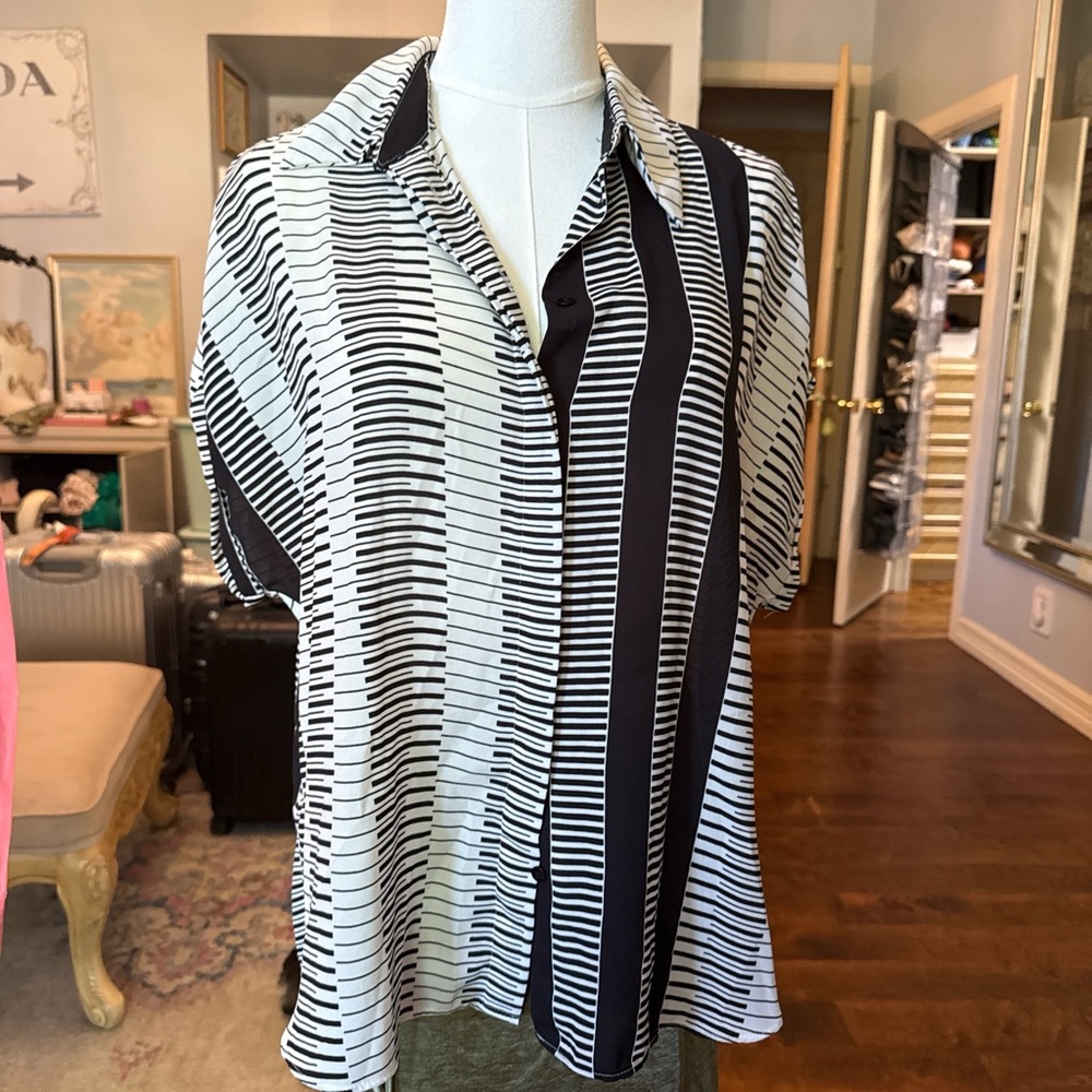 Mango Black and White Striped Mix-Pattern Blouse